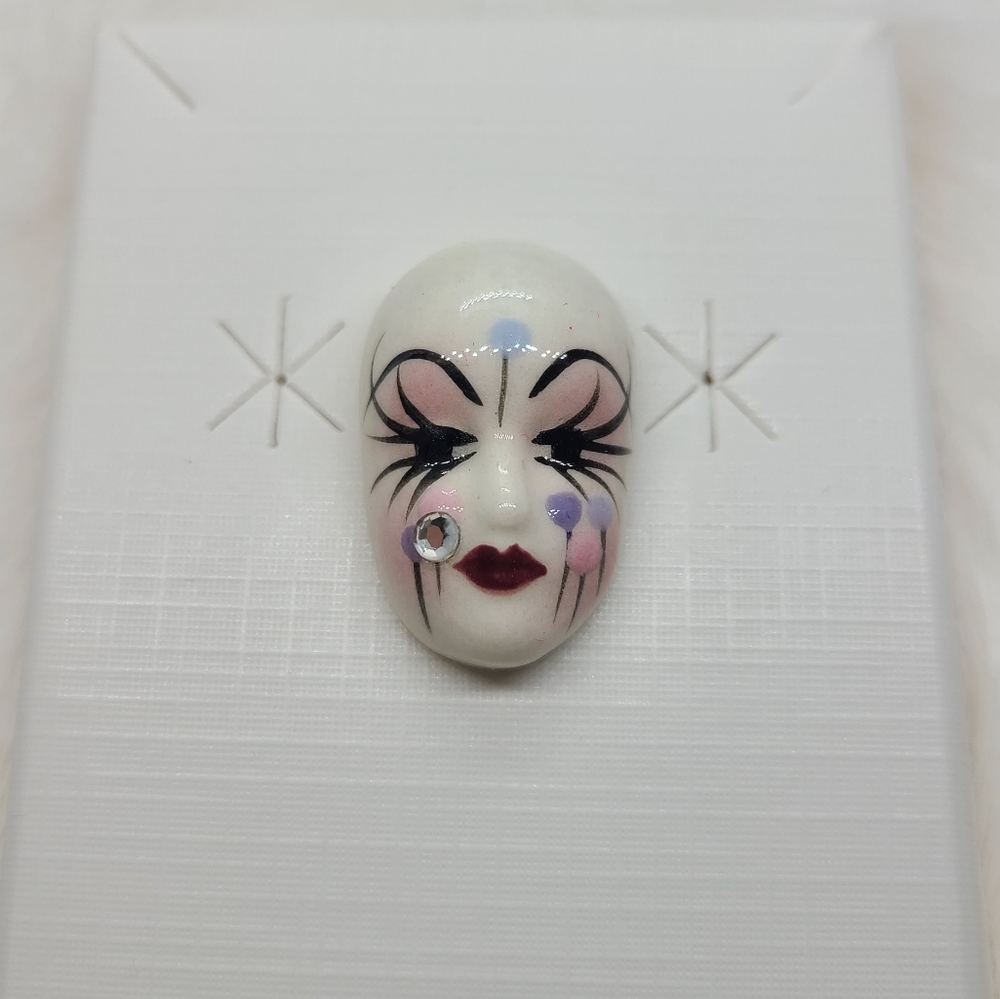 Vintage Fancy Faces Brooch Pin Handpainted Porcelain Mask Balloons w/ Rhinestone